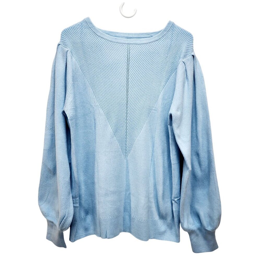Light Blue Knitted Pullover Sweater Womens Size 2XL Ribbed Pattern Puff Sleeves - Picture 12 of 12